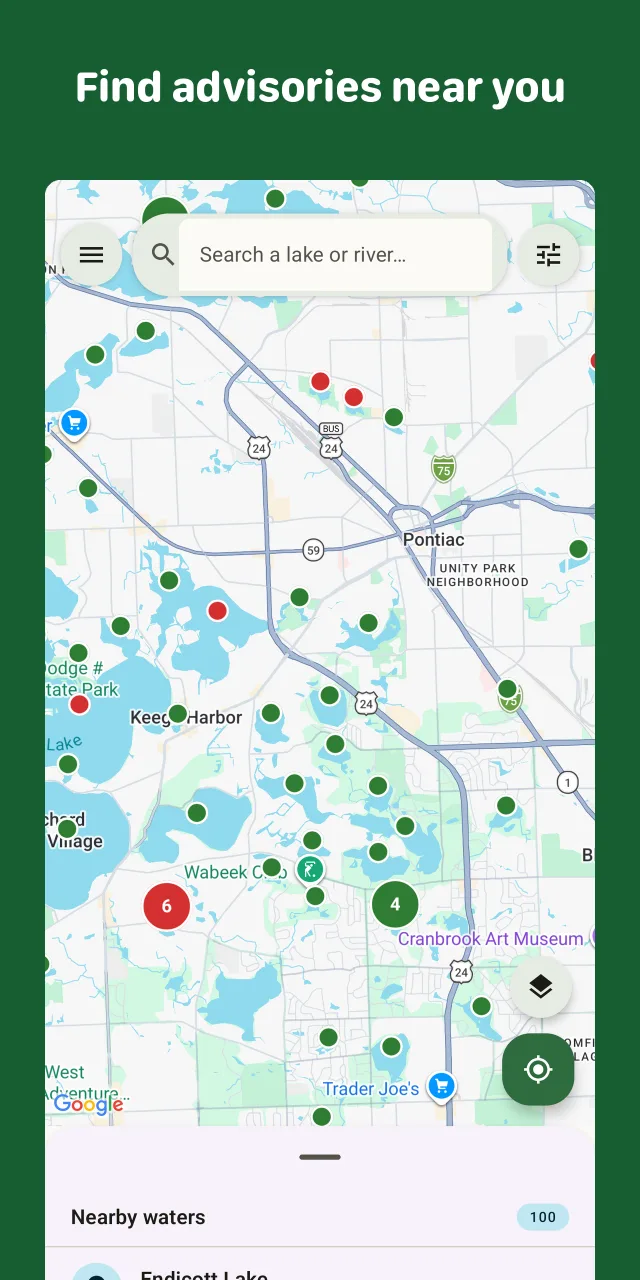 Livewell app map of nearby waters with advisory pins
